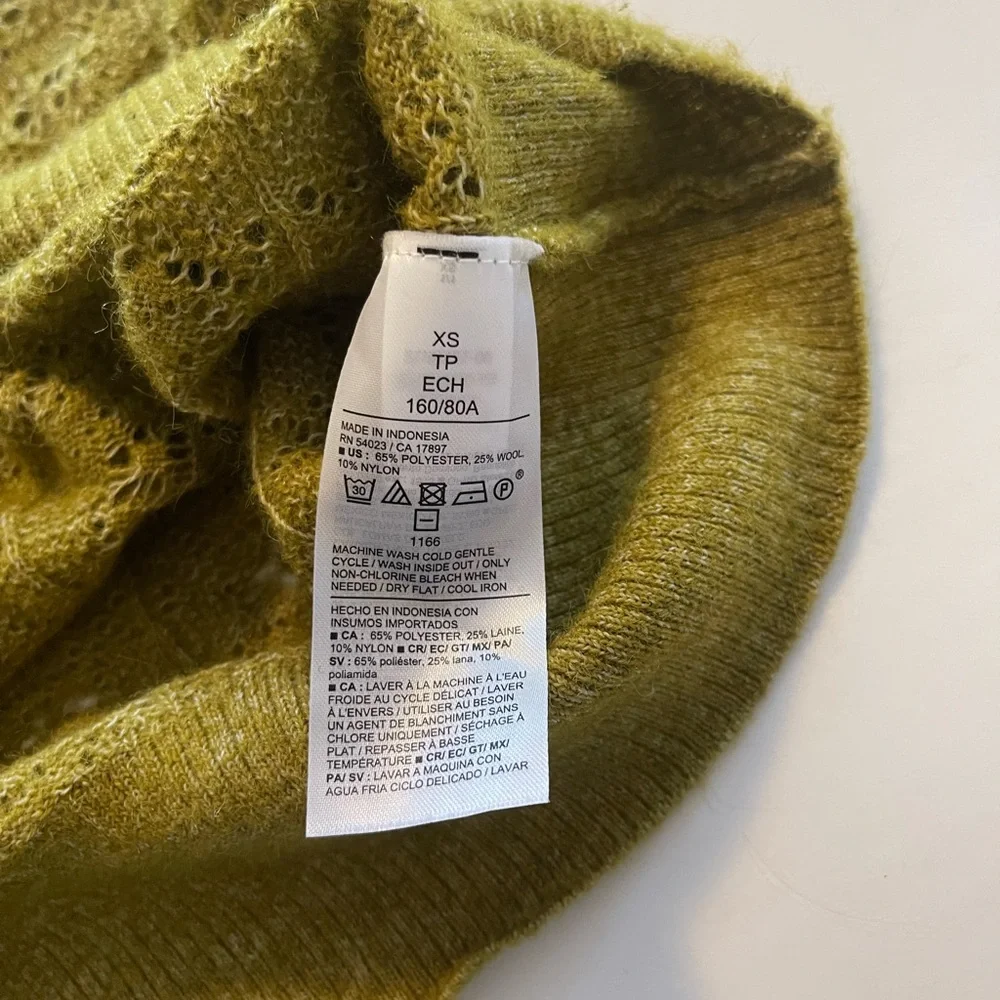 Puff-Sleeve Tie-Neck Pointelle Sweater Open Knit XS